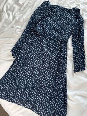 H&M Navy Blue Floral Long-Sleeve Midi Dress